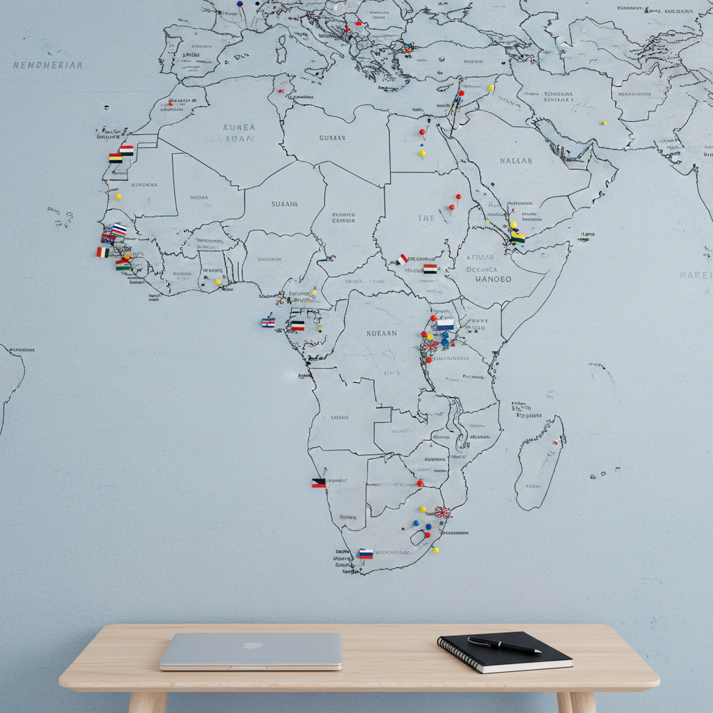 A large, detailed wall map of Africa printed on textured matte paper, each country defined with crisp borders and labeled with subtle, modern typography. Bright colored pins and small adhesive flags mark key capitals and news hotspots, clustered along coastlines and inland hubs. The map hangs above a minimal, light-wood console holding a closed laptop and a single black notebook. Cool, even studio lighting illuminates the entire scene, eliminating harsh shadows and emphasizing clarity. Captured straight-on at eye level with sharp focus throughout, the composition feels analytical and professional, evoking a newsroom situation room where African current affairs are monitored with precision and seriousness.