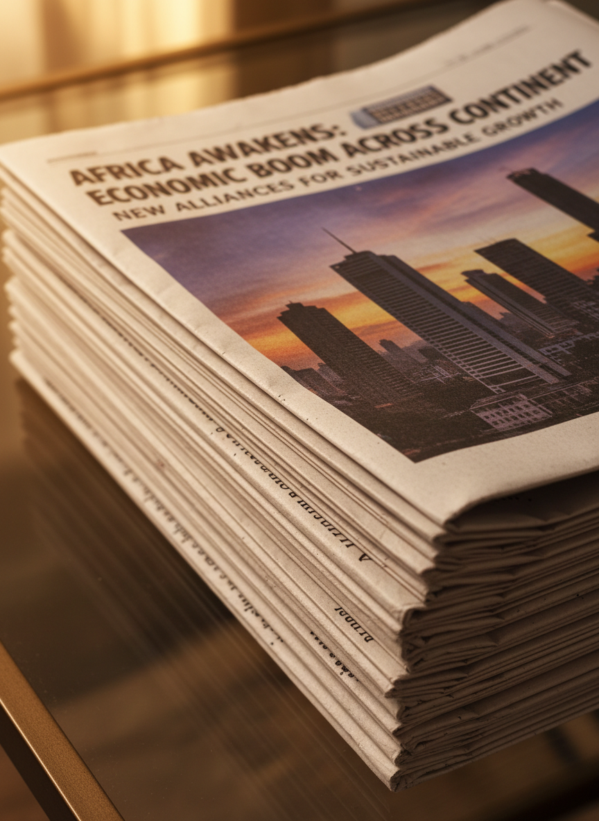 A stack of freshly printed broadsheet newspapers laid out on a glass-topped table, each front page dominated by a striking, full-color photograph of an African city skyline at sunrise, paired with bold, clean headlines. The newsprint texture is visible in photographic detail, with slightly curled edges and faint ink smudges suggesting immediacy. Warm morning light streams in from the side, casting long, soft shadows across the glass and highlighting the layered papers. Shot from a close, slightly low angle, the focus is on the lead headline, while background text gradually blurs. The overall mood is urgent yet orderly, conveying timely African news delivered with professionalism and gravitas.